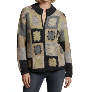 SALE 🔥 Dressbarn Patchwork Hippie Boho Multicolor Knit Y2K Zip  Long Slv Sweater